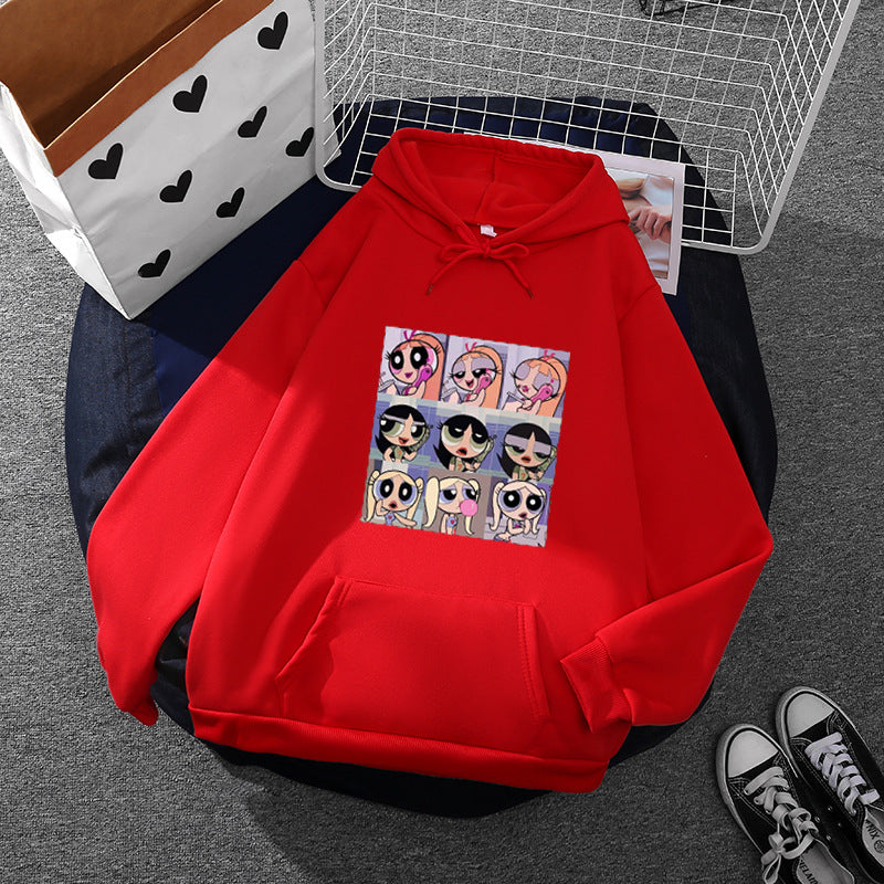 Damen nan lässiger Kapuzenpullover mit quadratischem Cartoon-Collageprint weiches Fleece Innenfutter und aufgesetzter Kängurutasche EB