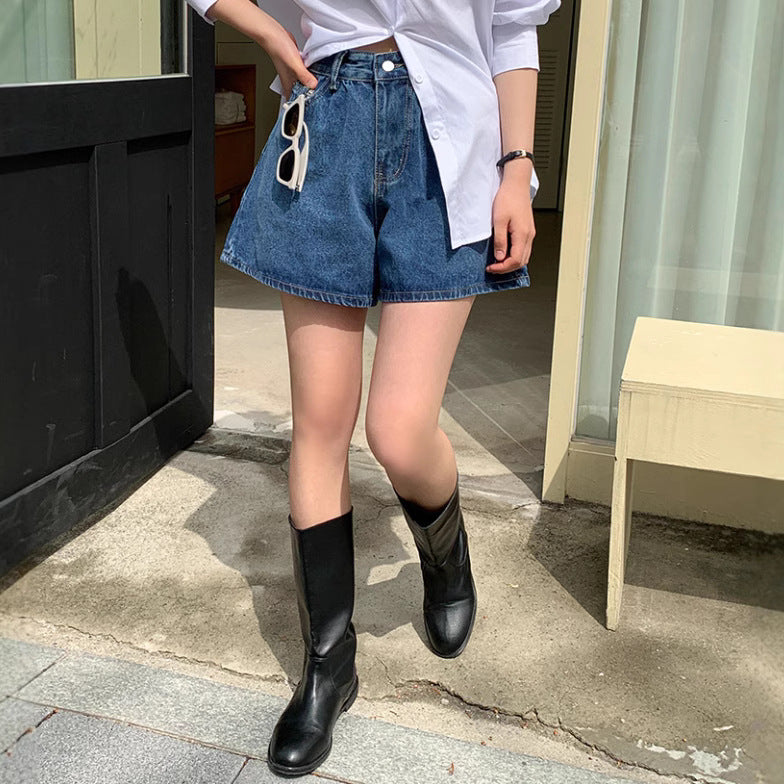 Damen Freizeit Jeans-Shorts mit hohem Bund und elastischem Gürtel EB