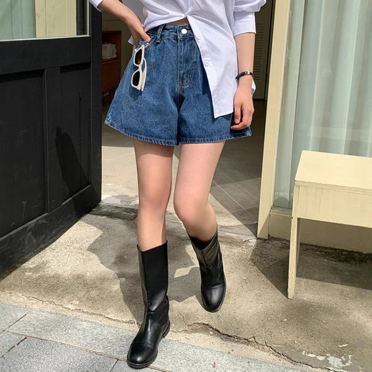 Damen Freizeit Jeans-Shorts mit hohem Bund und elastischem Gürtel EB