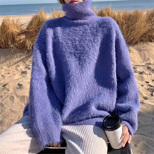 Damen Flauschiger Pullover mit Lockere Passform und Hohem Kragen EB