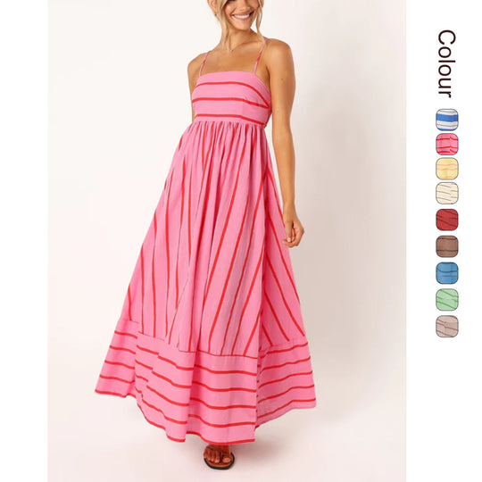 Damen Maxi-Kleid mit schmalen Spaghettiträgern und eleganten Querstreifen EB