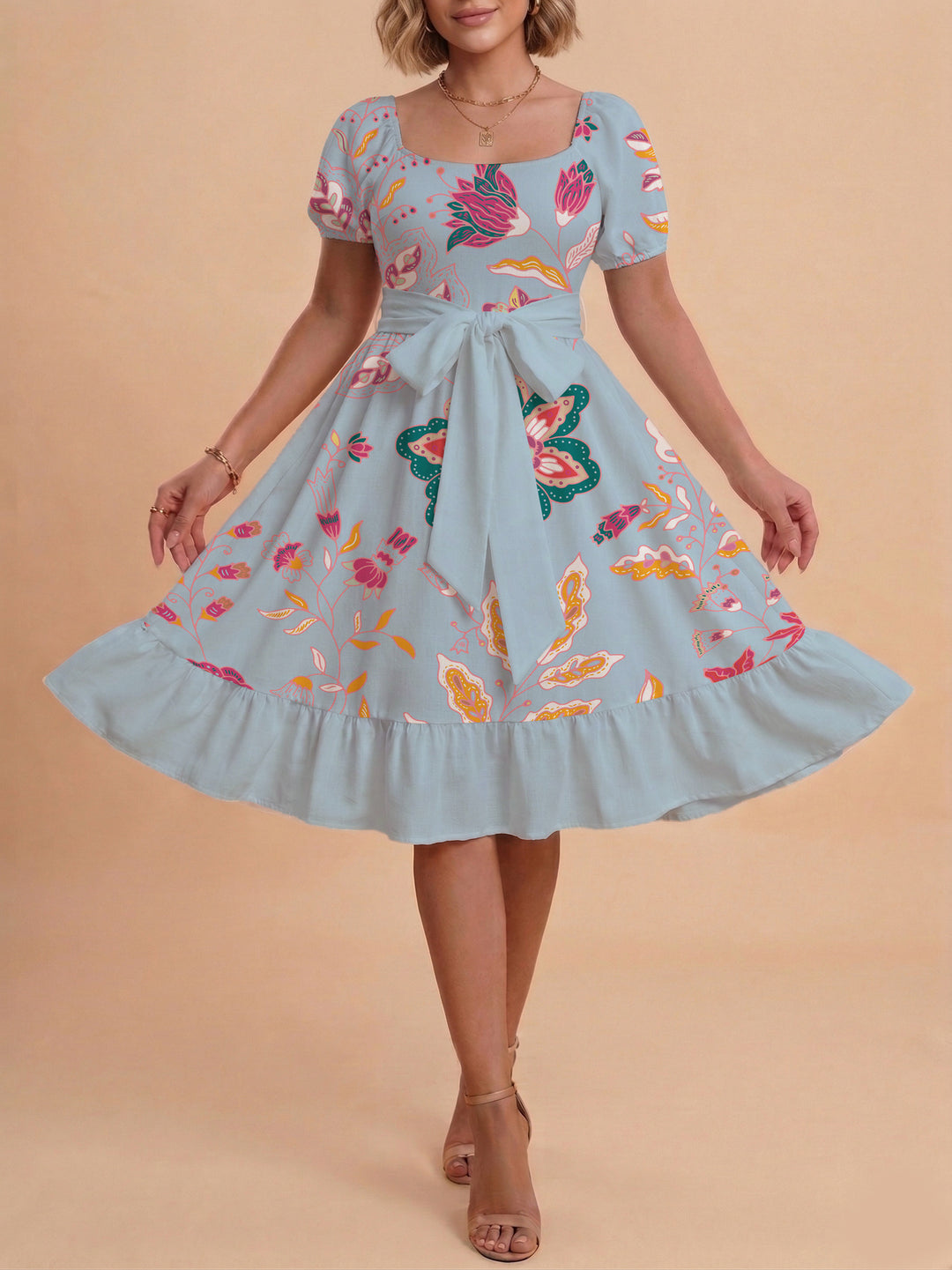 Damen modernes Blumenkleid mit elegantem Taillengürtel und asymmetrischem Saum EB