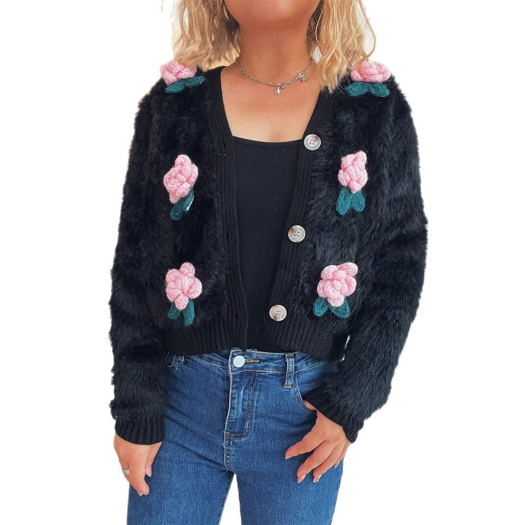 Damen Strickjacke mit floralen Applikationen und weichem Material EB