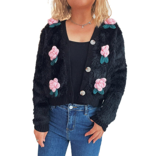 Damen Strickjacke mit floralen Applikationen und weichem Material EB