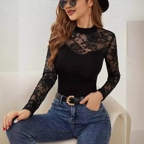 Damen Elegantes Longsleeve-Oberteil mit romantischer Spitze EB