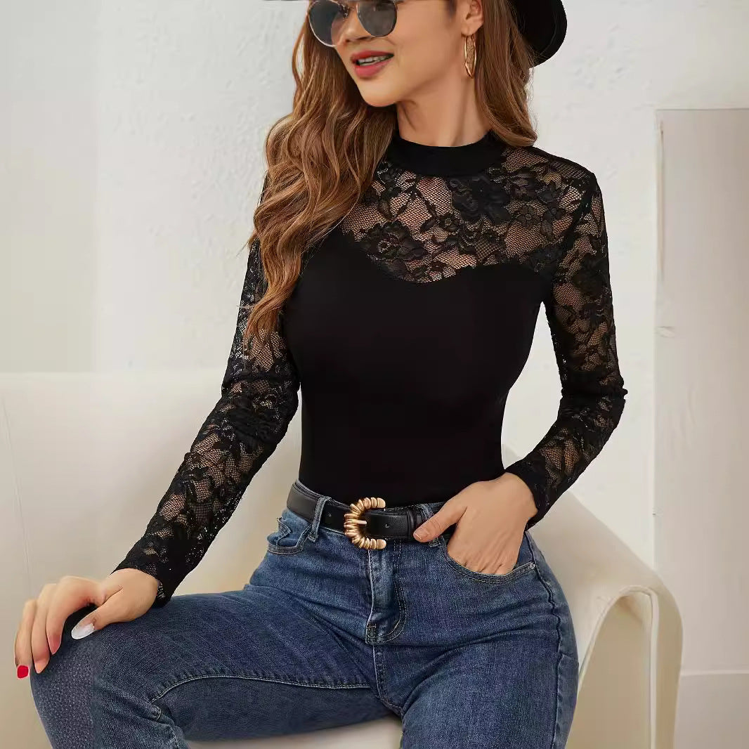 Damen nan tailliertes Spitzen-Langarmshirt mit blickdichtem Bustier-Einsatz und Stehkragen EB