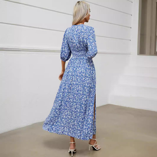 Damen Maxikleid mit floralen Mustern und seitlichem Schlitz EB