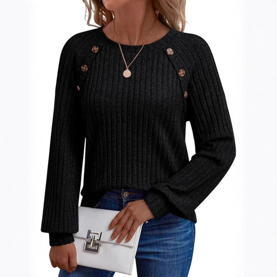 Damen Pullover mit dekorativen Knöpfen und strukturiertem Rippdesign EB