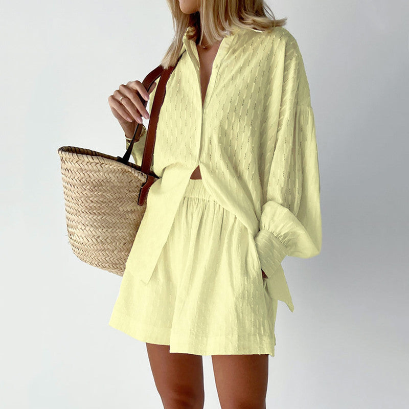 Damen lässiges Hemd-Shorts-Set mit elegantem Webmuster EB