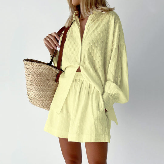 Damen lässiges Hemd-Shorts-Set mit elegantem Webmuster EB