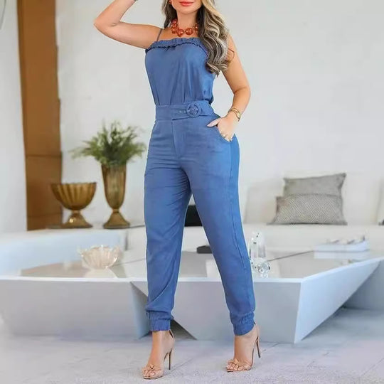 Damen lässiger Jumpsuit mit Rüschendetails und verstellbarem Taillengürtel EB