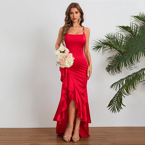 Damen elegantes Maxikleid mit seitlichem Schlitz und fließendem Rüschensaum EB