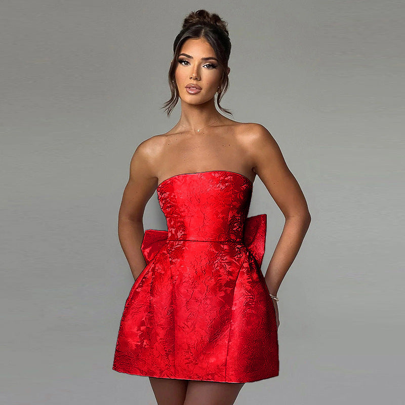 Damen schulterfreies Cocktailkleid mit elegantem Schleifendetail EB