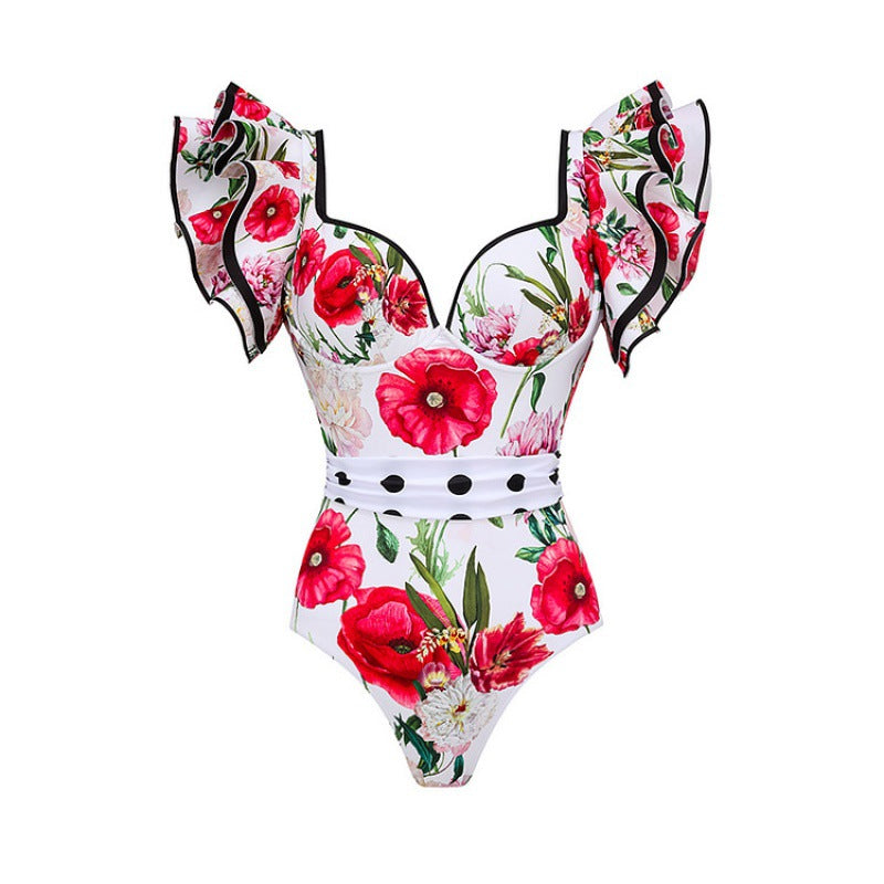 Damen Badeanzug mit Rüschendetails und floralem Überrock EB