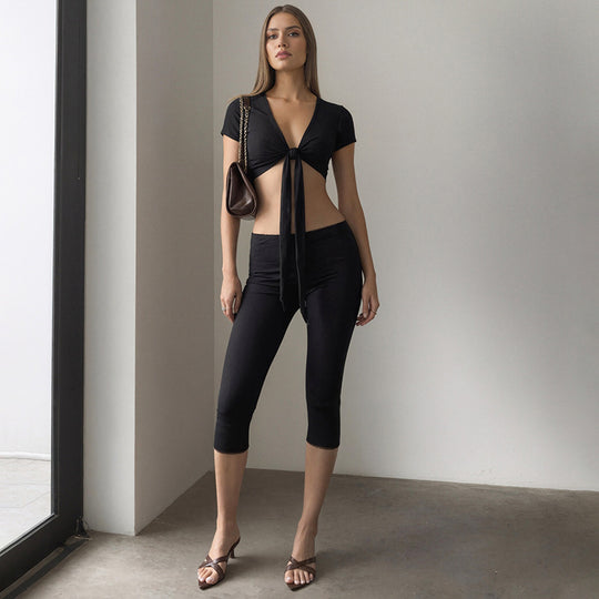 Damen modisches Crop-Top mit Bindeband und figurbetonten Leggings EB