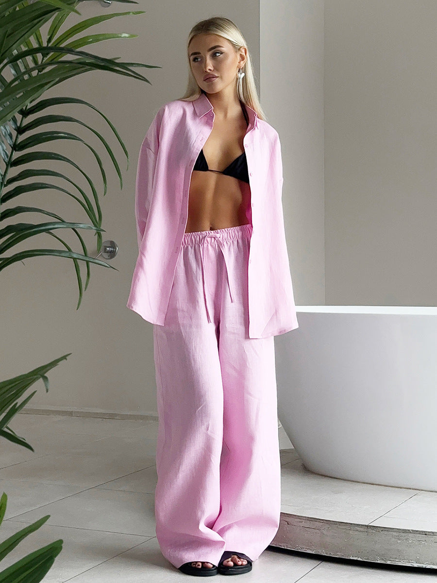 Damen Lässiges Leinen-Set mit weit geschnittenem Oberteil und Hose EB