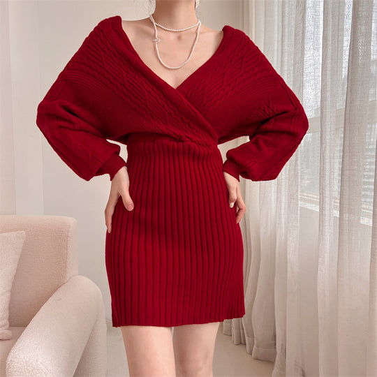 Damen Elegantes Strickkleid mit V-Ausschnitt und besonderem Rippenmuster EB