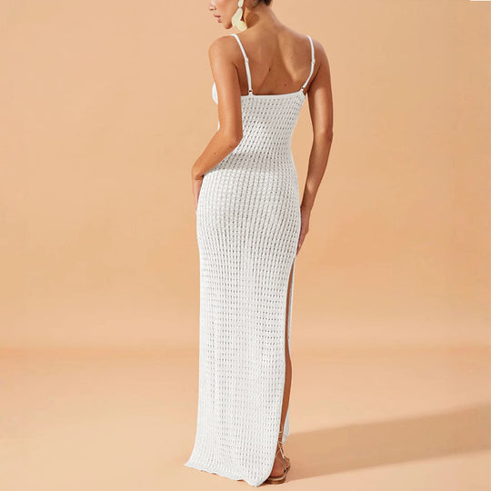 Damen Elegantes Maxikleid mit tiefem V-Ausschnitt und seitlichen Schlitzen EB