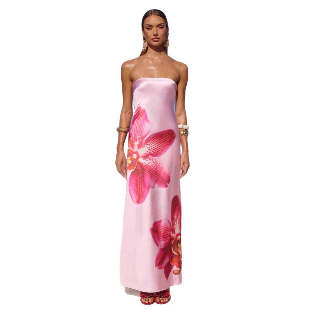 Damen Strapless Maxikleid mit floralem Druck und fließendem Stoff EB