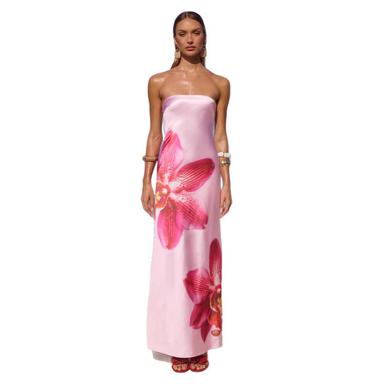 Damen Strapless Maxikleid mit floralem Druck und fließendem Stoff EB