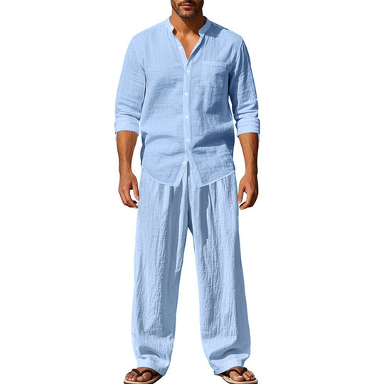 Herren luftiges Sommeranzugset mit knöpfbarem Hemd und weiten Hosen EB
