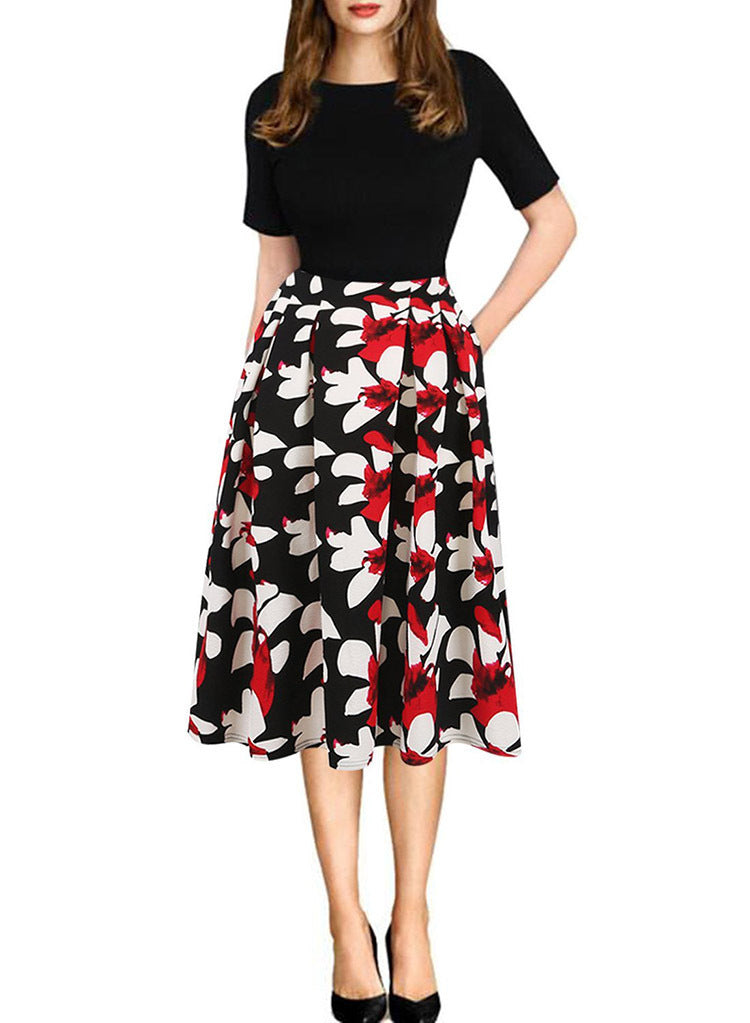 Damen Midikleid mit floralem Muster und gestreiften Akzenten EB