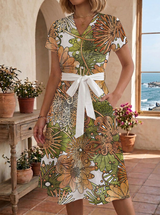 Damen Midikleid mit floralem Motiv und Taillengürtel EB