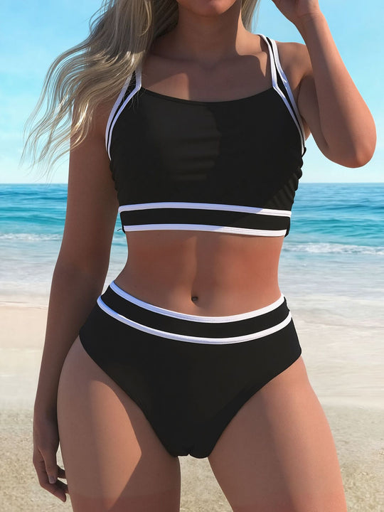 Damen Sportliches Bikini-Set mit modischen Kontraststreifen EB