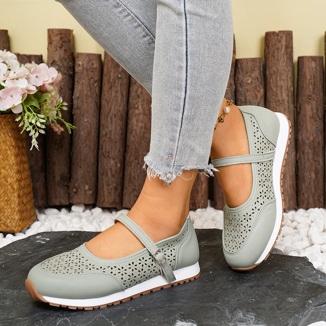 Damen Atmungsaktive Ballerinas mit elegantem Lochmuster und verstellbarem Riemen EB
