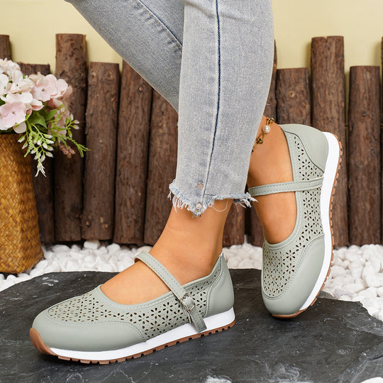 Damen Atmungsaktive Ballerinas mit elegantem Lochmuster und verstellbarem Riemen EB