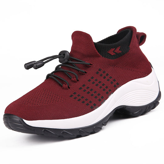 Damen gestrickte Slip-On Sneaker mit Schnellzugkordel, elastischem Schaft und stoßdämpfender Plateau-Sohle EB