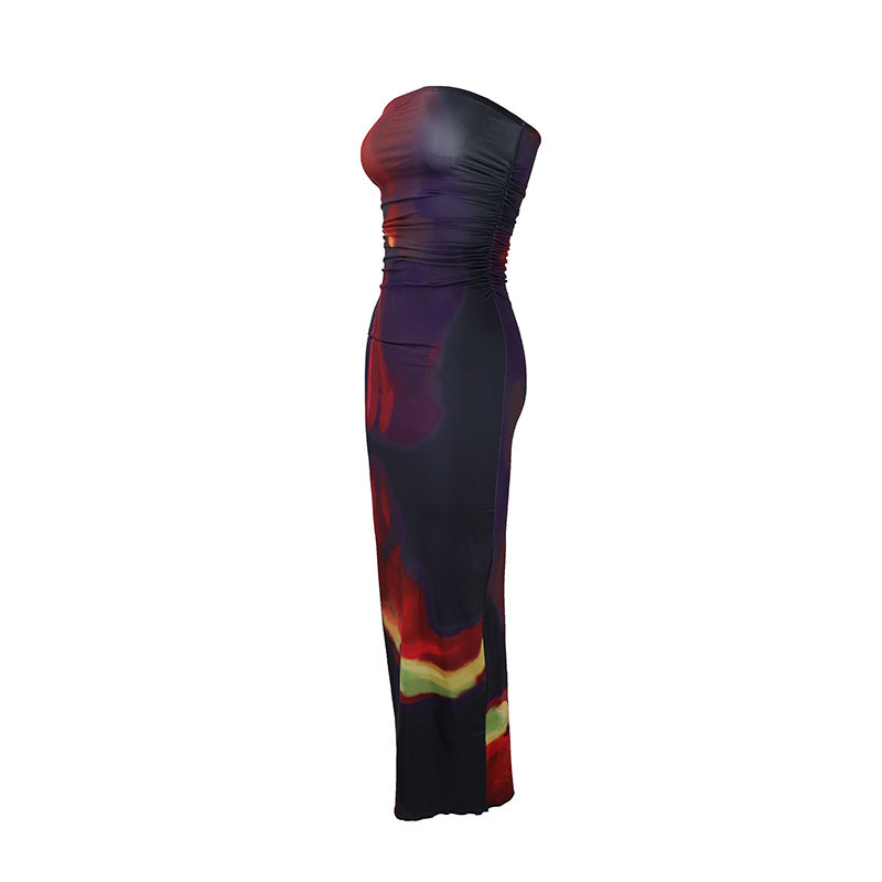 Damen elegantes, trägerloses Maxikleid mit raffiniertem Mustermix EB