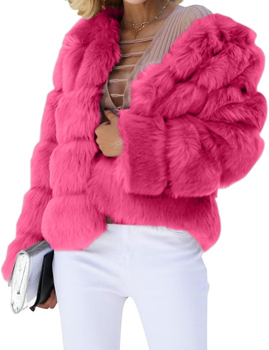 Damen Flauschige Kunstpelzjacke mit voluminösen Ärmeln und elegantem Schnitt EB