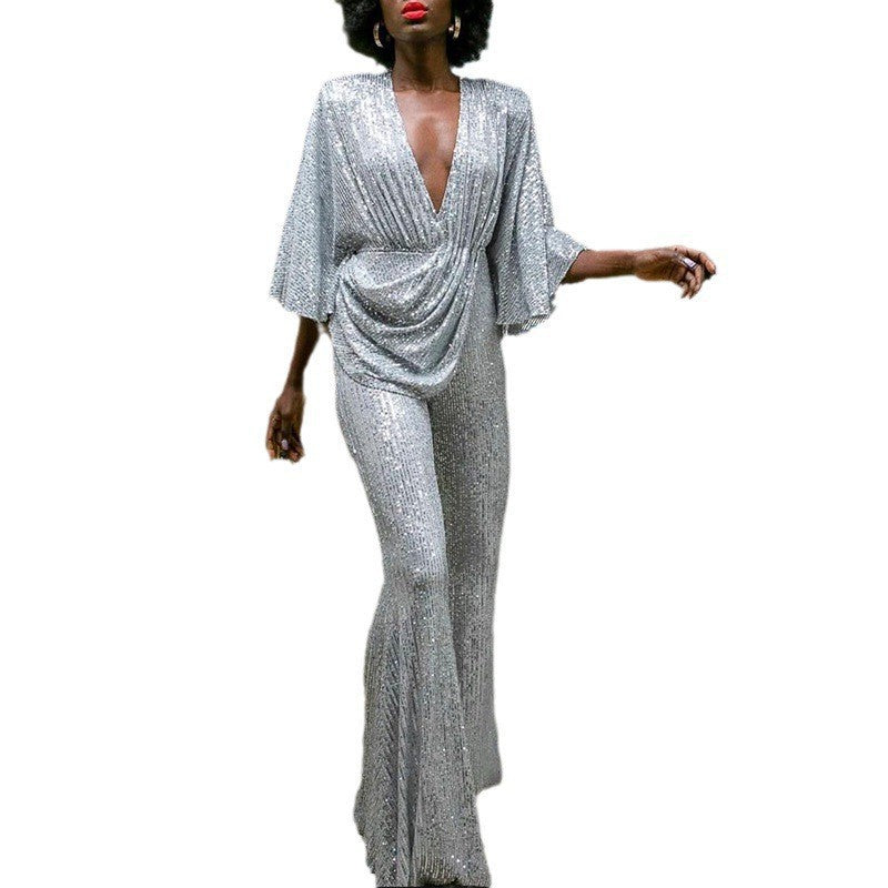 Damen Glamouröser Jumpsuit mit funkelnden Pailletten und weitem Bein EB