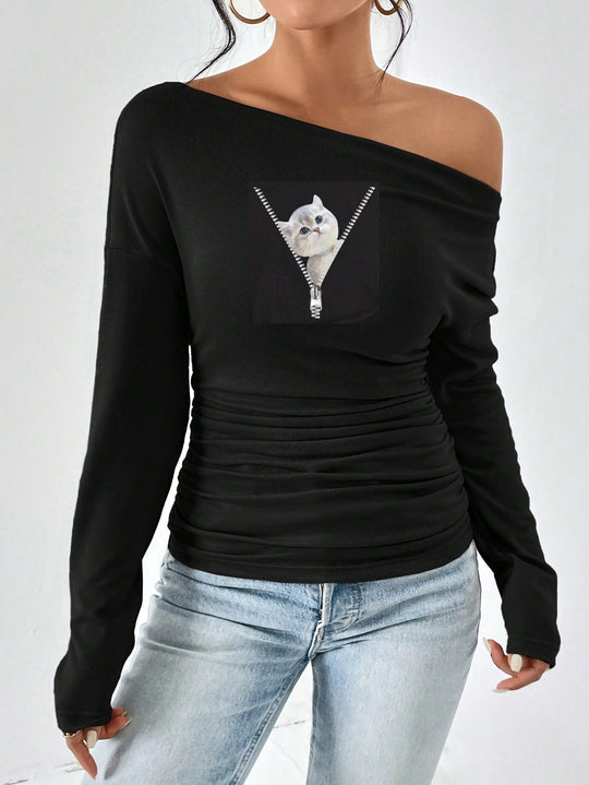 Damen Off-Shoulder Langarmshirt mit Raffung EB
