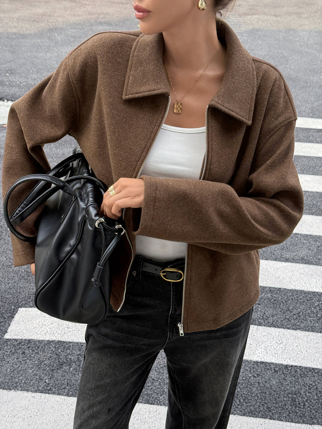 Damen nan kaschmirähnliche Wolljacke mit durchgehendem Reißverschluss, oversized Schnitt und Hemdkragen EB