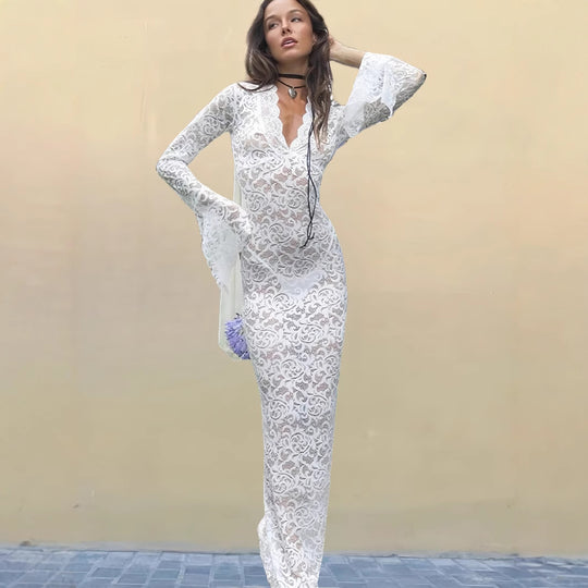 Damen Elegantes Spitzenkleid mit tiefem V-Ausschnitt und extravaganten Ärmeln EB