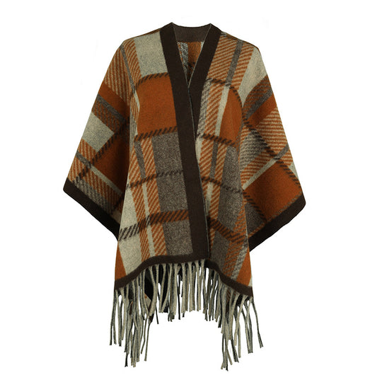 Damen eleganter Poncho mit modernem Karomuster und Fransen EB