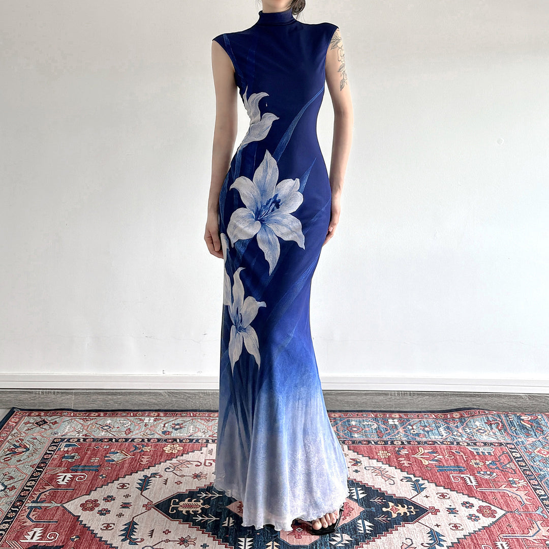 Damen Maxikleid mit floralem Design und elegantem Stehkragen EB