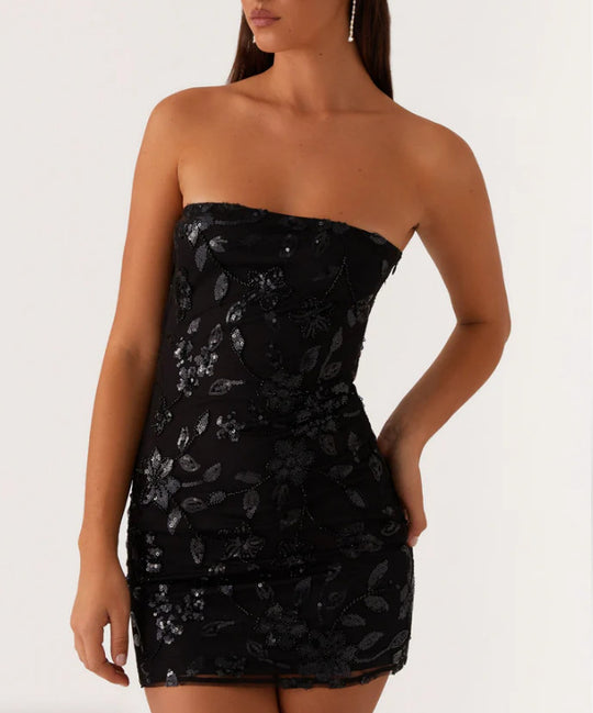 Damen Elegantes Bandeau-Minikleid mit floralem Pailletten-Design EB
