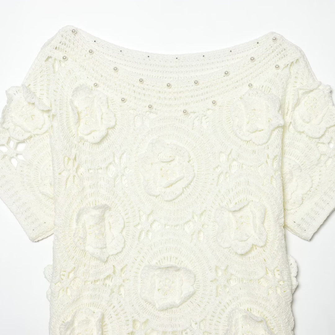 Damen Spitze T-Shirt mit luxuriöser Blumenstickerei und dekorativen Perlen EB
