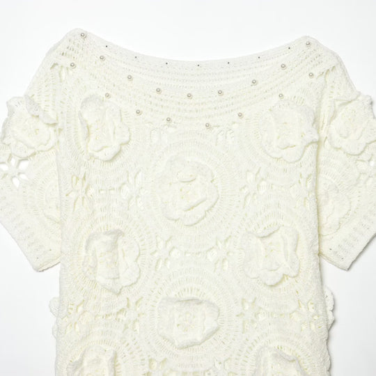 Damen Spitze T-Shirt mit luxuriöser Blumenstickerei und dekorativen Perlen EB