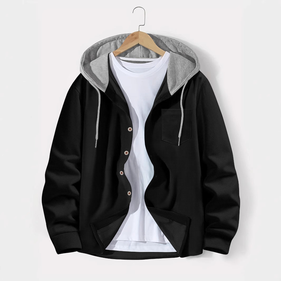 Herren nan leichtes Utility-Hoodie-Überhemd mit Kontrastkapuze, Knopfleiste und Brusttasche EB