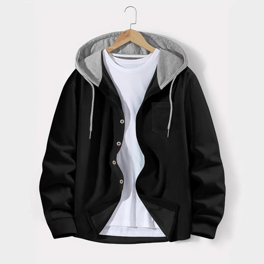 Herren nan leichtes Utility-Hoodie-Überhemd mit Kontrastkapuze, Knopfleiste und Brusttasche EB