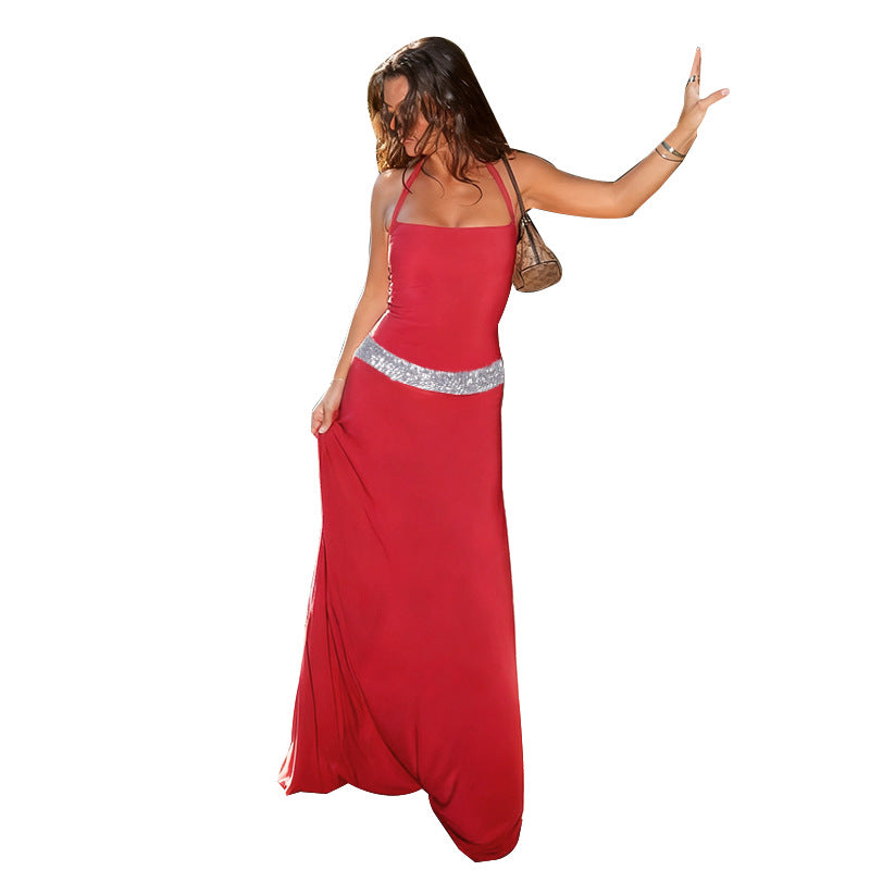 Damen elegantes Maxikleid mit schimmerndem Halterdesign und glitzerndem Taillengürtel EB