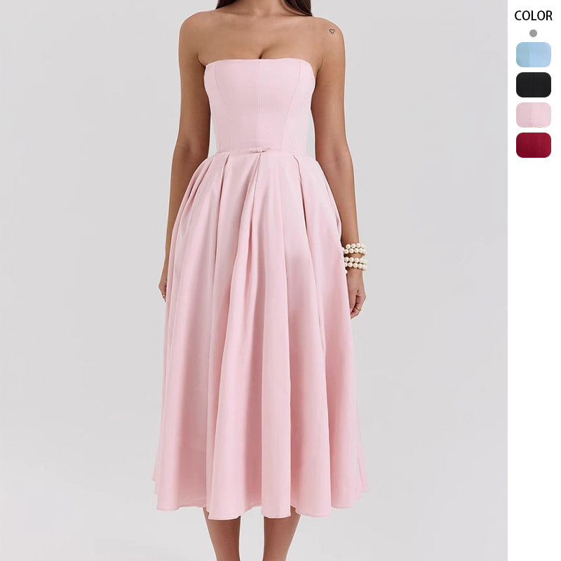 Damen Taillesenkende Midi-Kleid mit schulterfreiem Design und eleganter Faltenstruktur EB