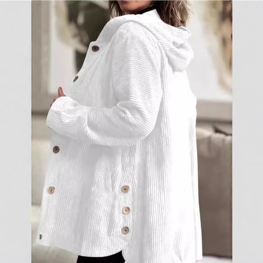 Damen Wohlfühljacke aus Cord mit Kapuze und großen Knöpfen EB