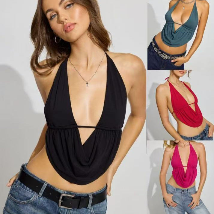 Damen lässiges Halter-Top mit tiefem V-Ausschnitt und asymmetrischer Drapierung EB