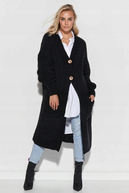 Damen Grober Strickmantel mit praktischen Taschen und modischem Knopfverschluss EB