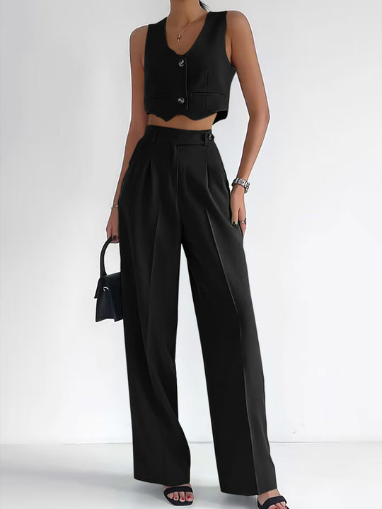 Damen trendy Zweiteiler-Anzug mit wadenlangem Hose und modernem Cropped-Top EB